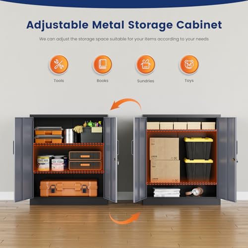 Image of Yizosh Metal Garage Storage Cabinet with 2 Doors and 2 Adjustable Shelves - 35.5 inch Steel Lockable File Cabinet for Home Office,Garage,Gym,School(Gray Black)