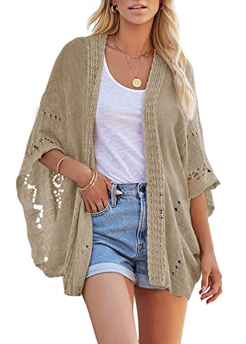 Image of Ermonn Crochet Cardigan Sweaters for Women Open Front Kimono Batwing Sleeve Plain Casual Lightweight Outerwear