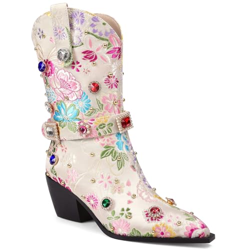 Image of LOCERICH Women Rhinestone Cowboy Sparkly Cowgirl Boots Diamond Western Floral Embroidery Mid Calf Booties