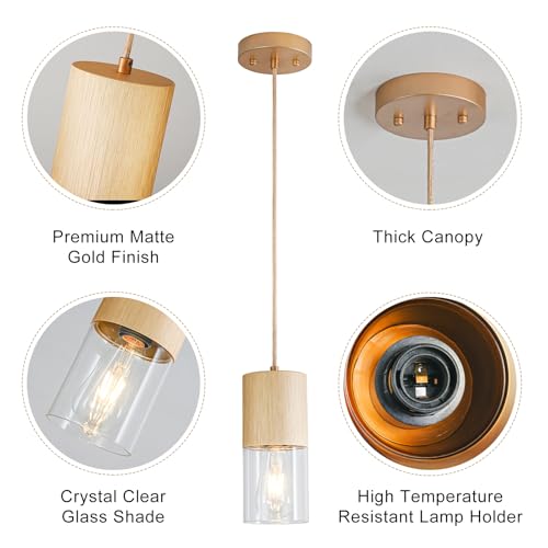 Image of Gold Pendant Light Fixtures, Adjustable Modern Pendant Lights for Kitchen Island, Industrial Clear Glass Pendant Lights for Dining Table Hallway Bedroom Living Room,1 Pack