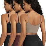 ODODOS 3-Pack Seamless Sports Bra for Women Ribbed Camisoles Non Padding Yoga Bra Crop Tank Tops, Taupe+Black+Charcoal, Small