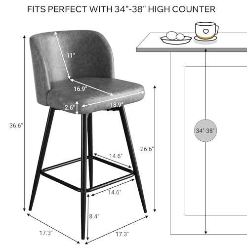Image of Swivel Bar Stools Set of 6, 26 inch Counter Height Bar Stools with High Back and Metal Legs, Faux Leather Bar Chairs, Modern Barstools for Kitchen Island, Light Grey
