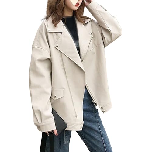 Manteau épais en similicuir femme chaud avec fermeture éclair manches longues beige