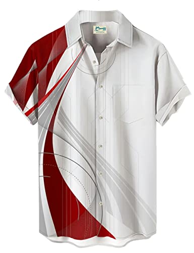 Hodaweisolp Bowling-Shirts für Herren, kurzärmelig, Knopfleiste, hawaiianisch, lässig, bedruckt, lockeres Strandhemd, Roter geometrischer Druck, XL