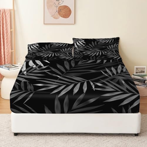 Sábana bajera ajustable para cama de matrimonio grande, diseño de hojas grises, suave microfibra antiarrugas, ropa de cama negra extra profunda de 25 cm con bordes elásticos y 2 fundas de almohada