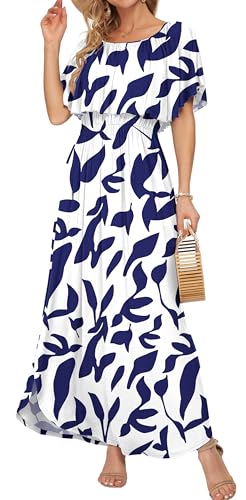 Image of AUSELILY Womens Off Shoulder Ruffle Split Summer Maxi Dresses with Pockets | Off-shoulder Ruffle dress with empire waist & side split for summer beach and casual parties