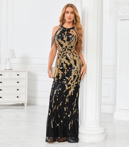 Image of Cololura Women Sequin Halter Tassel Mermaid Formal Maxi Dress Evening Gown