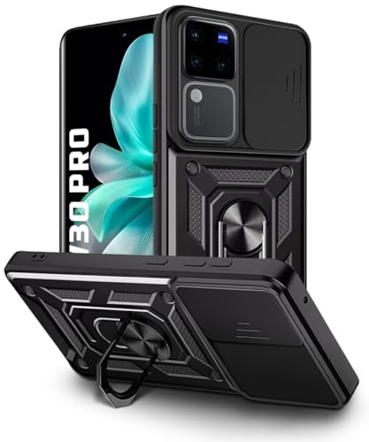 Image of WOW IMAGINE Tough Armor Bumper Mobile Back Case for Vivo V30 Pro | Sliding Camera Shield Cover | Shock Proof 360 Protection | Hybrid PC + TPU | Ring Holder with Kickstand - Black