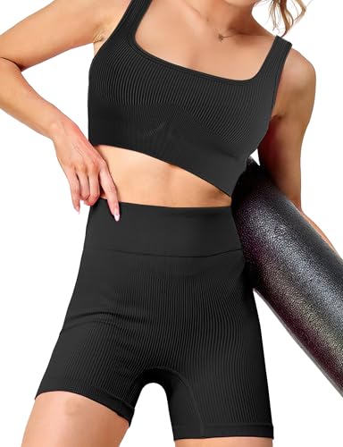 AURUZA Workout Shorts Women, High Waist Biker Shorts, Women Seamless Ribbed Athletic Yoga Gym Shorts Leggings2