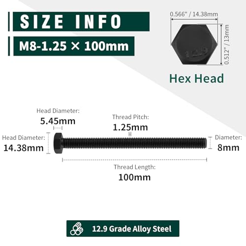 Image of M8-1.25 x 100mm Hex Bolts, High-Strength Metric Class 12.9 Steel Hex Head Screws for Valves Pumps Motors Automotive Suspension Systems, Black Oxide, Full Thread, 10-Pack