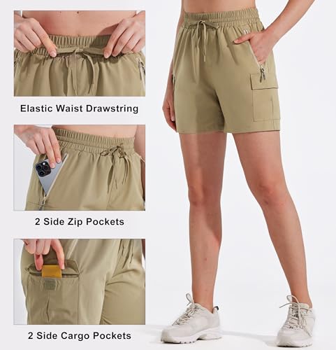 MASKERT Wanderhose Damen Kurz Outdoor Sports Shorts 5'' Laufshort Stretch Sporthose Laufhosen Sommer Kurze Cargohose Wandershorts mit Taschen, Khaki M