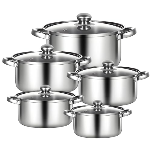 Batería de cacerola de acero inoxidable de 10 piezas, 5 tamaños (16 a 24 cm) con tapas de vidrio templado – Diseño apilable y asas remachadas – para cocina familiar y espacios pequeños (A)