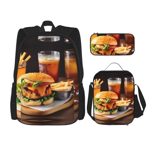 Chicken Leg Burger Drink Print 3 Piece Set Backpack, Lunch Bag, Pencil Case, Cute Sturdy For College And Travel