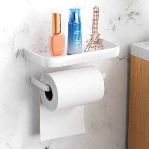 Mesybveo Portarrollos de Papel Higiénico sin taladrar de Aluminio, Soporte de Papel con estantes, Autoadhesivo Portarrollos de Pared, portarrollos de Papel higiénico Apto para baño, Cocina(Blanco)