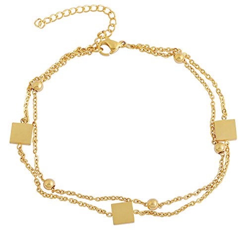 Edforce Stainless Steel Women Girls 3 Classic Square Charms Anklet Bracelet Foot Jewelry, 8.5