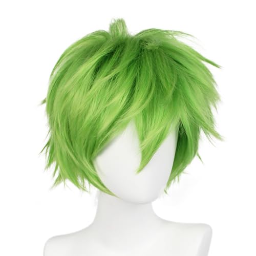 BEKIDER+1 Hair Cap Short Light Green Wig for Men Light Green Wavy Wig with Bangs for Halloween Christmas Event Costume Party