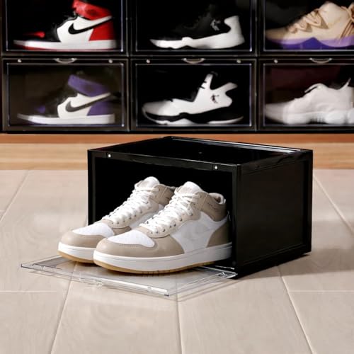 Image of Sneaker Storage Box Transparent Stackable Shoe Organizer Case with Magnetic Drop Front Door for Footwear Display and Storage (1, Black)