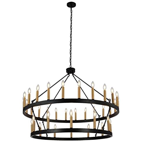 yzzy 36-Lights Wagon Wheel Chandelier 2 Tier Candle Style Pendant Light 47 inch Farmhouse Wrought Iron Chandeliers for Living Room Hallway Foyer Dining Room E12 Socket Cover