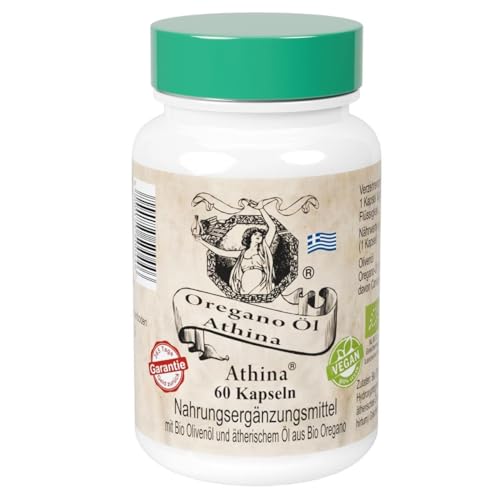 Athina® Oregano Öl Vegan Bio 1 x 60 Kapseln I 100 mg Athina® Wildes Berg Oregano Öl I Origanum vulgare hirtum aus Griechenland I 80% Carvacrol I Reine...
