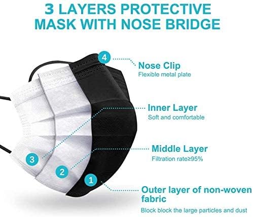 Vista 2 de Máscara desechable de seguridad con 3 capas de protección facial para adultos. 50 unidades, color negro.
