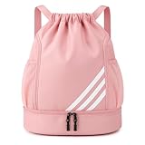 Mochila Esportiva com Cordão Espaçosa Bolsa 4 Bolsos Ideal para Esportes Chuteira Bolas Academia Material Impermeável Separação Roupas Secas e Molhadas Unissex (Rosa)