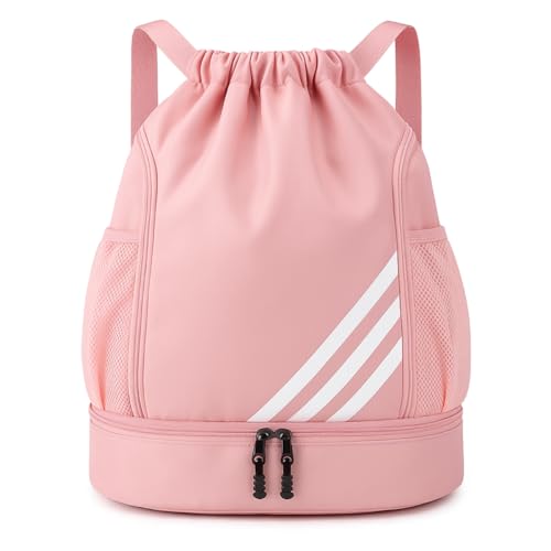 Mochila Esportiva com Cordão Espaçosa Bolsa 4 Bolsos Ideal para Esportes Chuteira Bolas Academia Material Impermeável Separação Roupas Secas e Molhadas Unissex (Rosa)