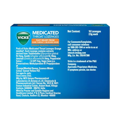 Image of Vicks Medicated Throat Lozenges, 16 Lozenges, Orange Menthol Flavor, Fast Sore Throat & Blocked Nose Relief, Portable and Effective, Essential for On-the-Go Cough and Cold Comfort