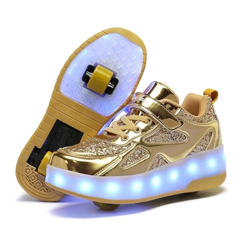 Schuhe mit Rollen für mädchen Jungen Verstellbare Rollschuhe Schuhe Einziehbar Turnschuhe mit Rollen für Kinder LED Blinkend Roller Skate Shoes für Outdoor-Sportarten,Gold,30EU