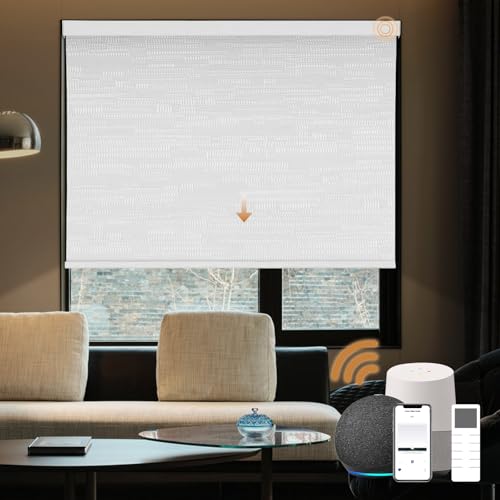 Persianas opacas motorizadas inteligentes para ventanas, compatibles con Alexa, persianas enrollables eléctricas con control remoto, tamaños personalizados de 20 a 110 pulgadas, tela blanca