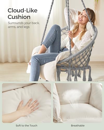 Image of SONGMICS Hanging Chair Thick Cushion Hammock Chair Accessories Included | Hammock Chair with Large, Thick Cushion, Boho Swing Chair for Bedroom, Patio, Balcony, Dove Gray and Cream White UGDC042M11