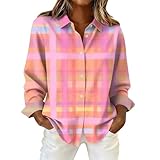 Uwdiohq Damenblusen Langarm Lässige Kontrastfarbe Für Und Winter Im Retro-Karomuster-Shirt Mit Karomuster Damen (Pink, L) Oranges Langarmshirt Tshirt 3/4 Arm Sommer Italienische Blusen