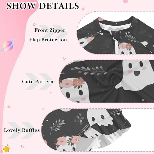 CaTaKu Girls One Piece Swimsuit Ghost Cute Florals Toddler Bathing Suit Long Sleeve UPF 50+ Rash Guard Swimwear 3-12Y3