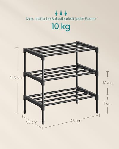 SONGMICS Schuhregal, 3 Ebenen, Schuhablage schmal, Schuh-Organizer Metall, Flur, Wohnzimmer, Kleiderschrank, platzsparend, stapelbar, 30 x 45 x 48,5 cm, schwarz LSA113BH01