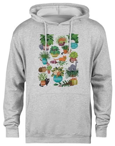 Pull à capuche chat et plante gris vêtement unisexe ample