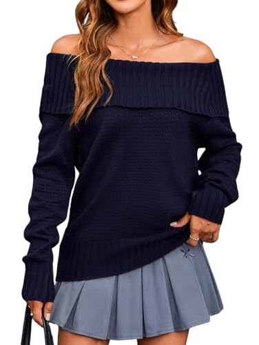 Image of MakeMeChic Women's Long Sleeve Sweater Off The Shoulder Rib Knitted Tops Loose Knitwear Blue Medium