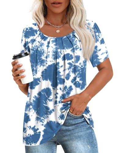 Anymeet Womens Tops Dressy Casual Summer Tunic Short Sleeve Pleated Blouse Basic Shirts Blue Tie-dye Large