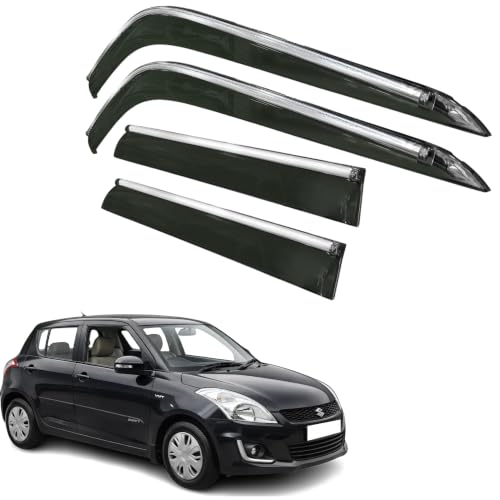 Image of CAR SAAZ Side Door Visors for Swift (2011-2017) (Set of 4Pcs) | Chrome Lined Rain Guards, Smoke Finish, Polycarbonate Wind Deflector