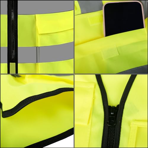 HYCOPROT Hi Vis Viz High Visibility Reflective Safety Vest Waistcoats Jacket Workwear Executive Zip 2 Band Security Mobile Phone Pocket ID Holder