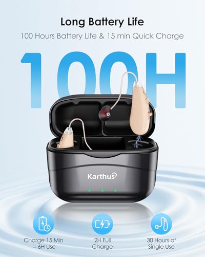 Image of Karthus Hearing Aids, Rechargeable Hearing Aids for Seniors with Hearing Loss, Noise Cancelling & Clear Sound, Comfort & Invisible, 100H Battery Life, 7 Volume Levels, One-Button Operation, Matt Black