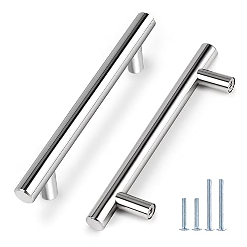 Image of Probrico 10 Pack|5 Inch Hole Centers Polished Chrome Cupboard Pulls T Bar Kitchen Cabinet Handles, Round Tube Dresser Pulls Stainless Steel Cabinet Hardware, 7-1 /2 inch Total Length