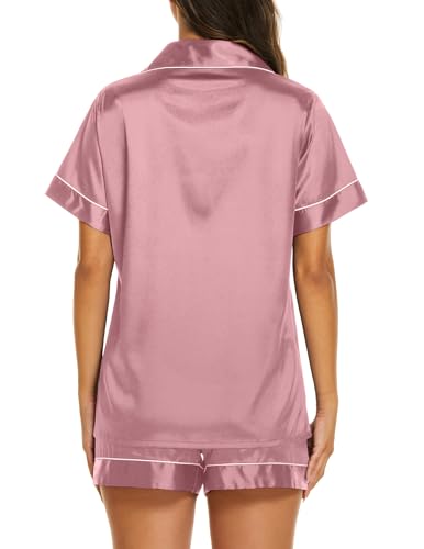 Image of Ekouaer Silk Pajamas for Women Short Sleeve Sleepwear Soft Button Down Loungewear 2 Piece Satin Pjs Shorts Set