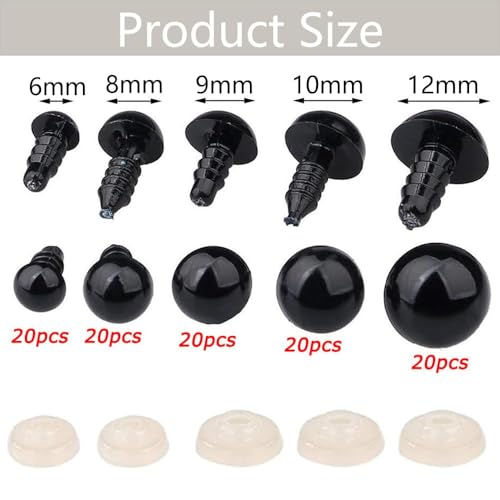 Image of DAZZLIQ 100pcs Safety Eyes for Crochet Stuffed Crochet Eyes with Washers Available Sizes 6mm, 8mm, 9mm, 10mm,12mm Plastic Black Crochet Eyes for Teddy Bear Crochet Toy Stuffed Doll Plush Animal