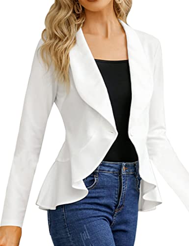 KOJOOIN Womens Casual Blazer Long Sleeve Open Front Ruffle Work Office Cardigan Suit Jackets Long Sleeve-White 2XL
