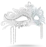 ARK Survivor Women's White Metal Masquerade Mask With Jewels Drapery For Masquerade Party Halloween New Years Party Cosplay Mardi Gras Carnival Mask Sparkly Beads (Imperial Secret)
