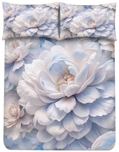 Image of 7D Digital Printed King Size Bedsheet | 240TC Premium Cotton Feel Microfiber with 2 Pillow Covers | Soft Breathable & Wrinkle Free Bedding Set | (White Floral, King Size-225x250CM)