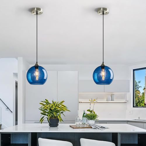 Image of Blue Glass Pendant Lights Kitchen Island Lighting Globe Pendant Light Fixtures Modern Pendant Lighting for Kitchen Island Bedroom Living Dining Room Light Fixture(7.87in, 2-Pack)