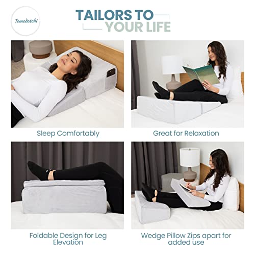 Tomodotchi 3 Pc Wedge Pillow Set - Foldable Foam Wedge Pillow With Cushion - Leg Elevation Pillow Wedge, Triangle Bed Wedge For Sitting Up, Knee Wedge Pillow For Adult, Bed Wedge Pillow For Sleeping #TOP3