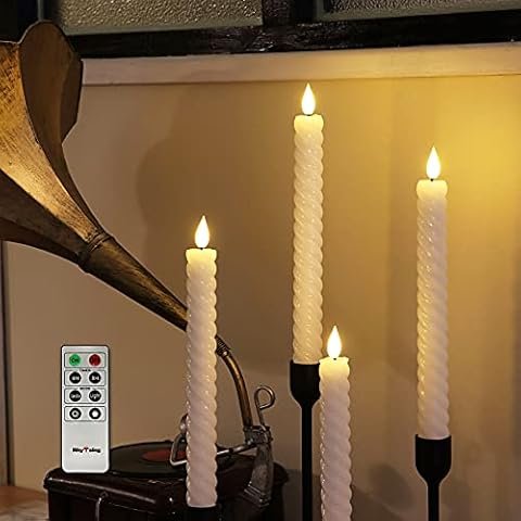Set of 4 Battery Operated Taper Candles with Remote (White Spiral Twisted) Cover