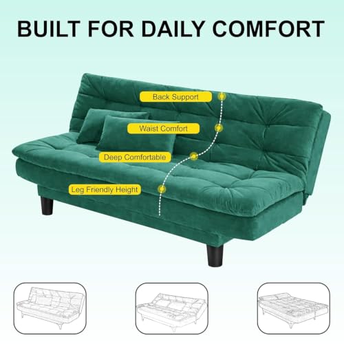 Image of Modern Three Seater Sofa Cum Bed with Cushions, Foldable Couch, Velvet Fabric Sleeper Sofa for Living Room, Guest Room, Green
