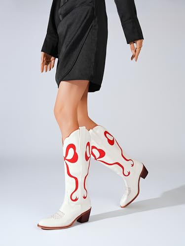 Image of Women's White Cowgirl Boots with Bow Knee High Cowboy Boots Almond Round Toe Chunky Heel Embroidered Western Cowboy Boots for Women